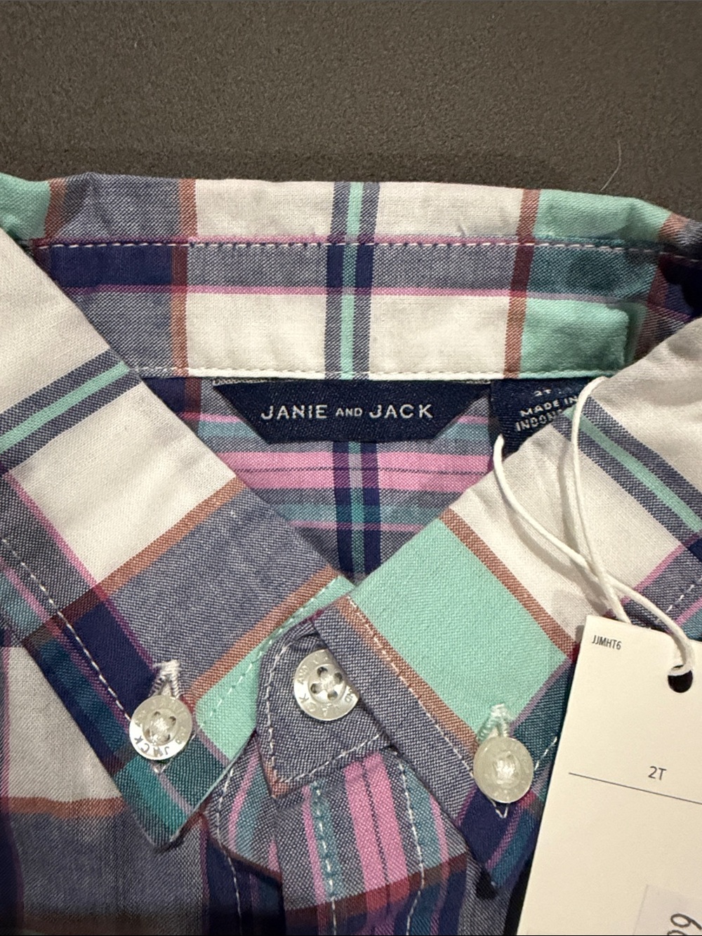 Janie and Jack Mint, Navy & Pink Plaid Button-Down Shirt - Picture 3 of 4